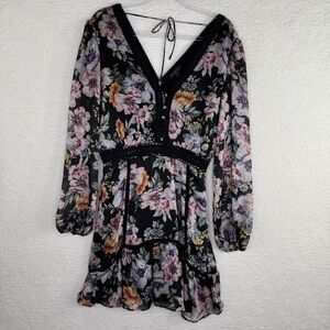 Guess‎ Dress Womens Large Black Floral Long Sleeve Mini Boho Sheer Ruffle Party